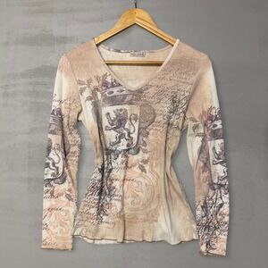 XCIT USA Graphic Y2K Tattoo V Neck Long Sleeve Shirt Women Medium Glam